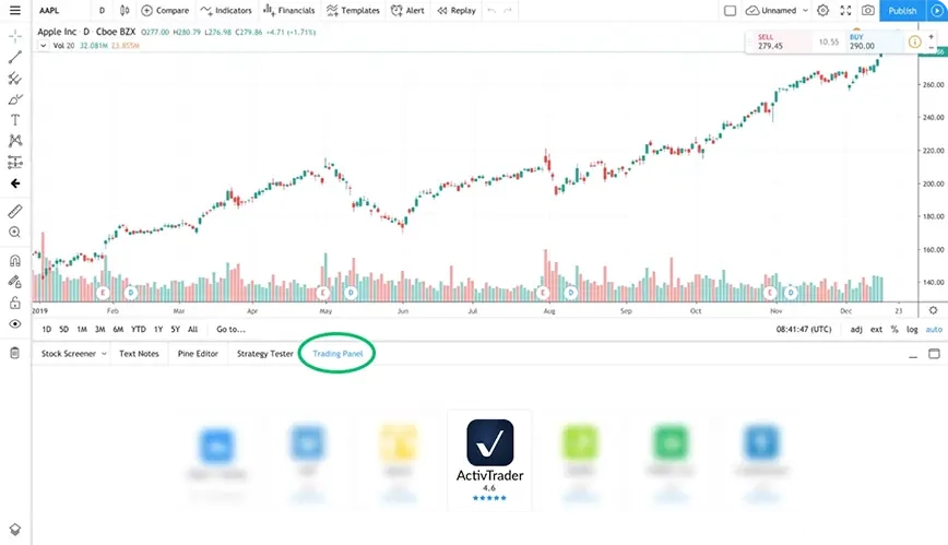 ​Faça login na TradingView.<br />
<br />
Na aba de visualização do gráfico, clique em "Painel de Negociação" na parte inferior da página. Selecione "ActivTrades"