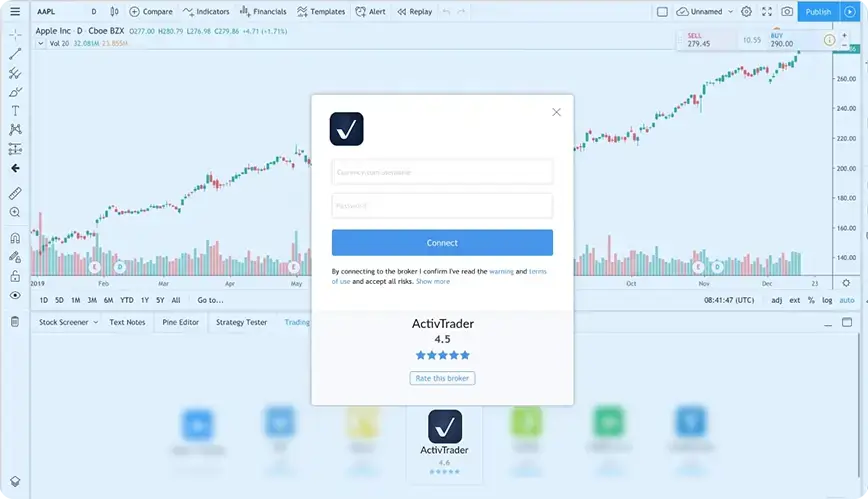 Vincule suas contas.<br />
<br />
Se você estiver conectado à sua conta da ActivTrades, será solicitado a autorizar a vinculação. Pronto, você já conectou a ActivTrades à TradingView!